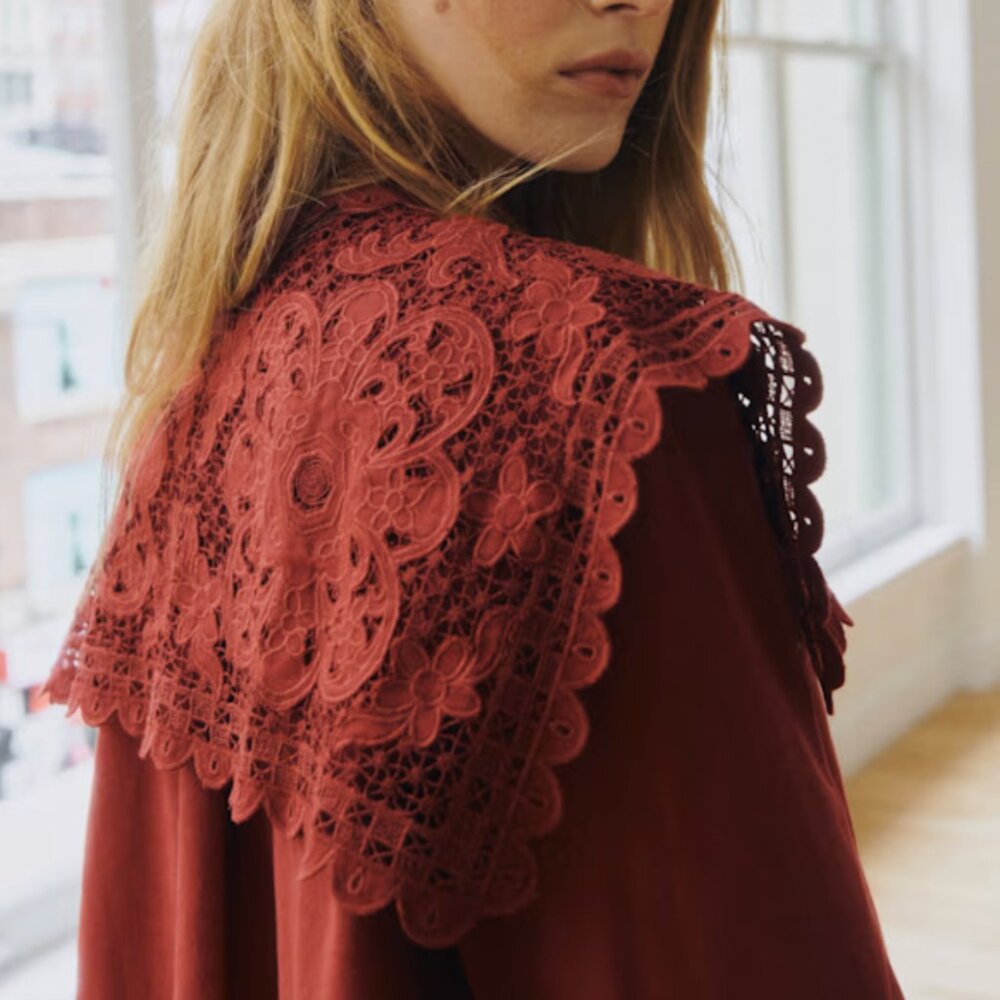 Sézane x Sea NY NWT Astrid Shirt in Burgundy Embroidery Size 38/US 6 - Picture 3 of 7